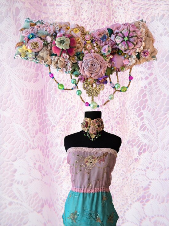 Roselani Jasmin Jewelry - Handmade Pink Rose Embroidered Victorian-style Choker Collar Fairycore